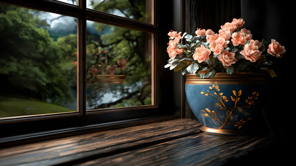 A floral arrangement sits on a wooden windowsill by a window
