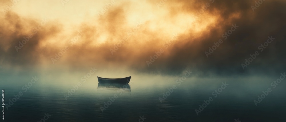 Poster a lone boat floats on the surface of a calm lake, surrounded by clouds in the sky