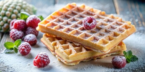 Delicious waffles with raspberries breakfast table food photography rustic setting close-up gourmet experience