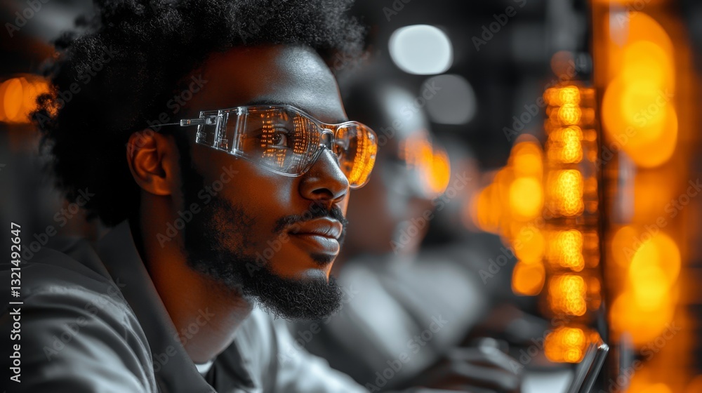 Poster A scientist studies quantum phenomena such as qubits and superposition in a high-tech lab.
