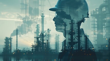 Industry worker reflecting on operations at a petrochemical facility during twilight hours