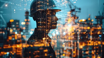 Construction worker overseeing city development with digital overlay at night