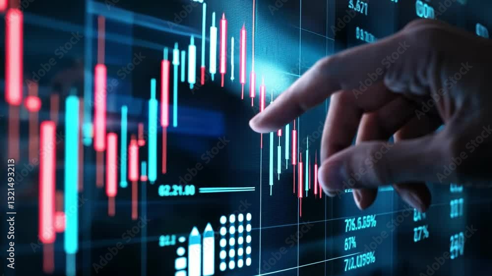 Poster hand pointing at stock market graph analyzing financial data trends and insights for informed decisi