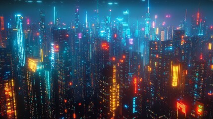 Fototapeta premium Cyberpunk Cityscape Neon Lights Futuristic Urban Night Digital Art Illustration fi sci dark view 