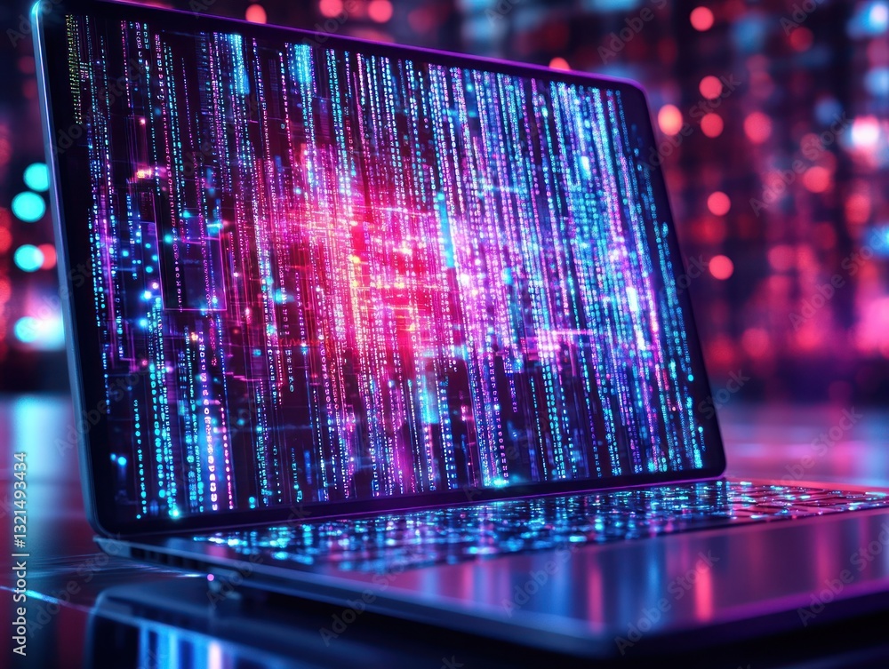 Poster a sleek laptop displaying vibrant digital data streams in a futuristic setting with colorful lights 
