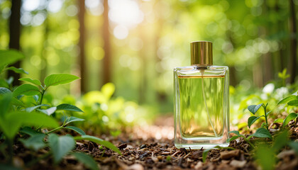 Elegant green perfume bottle on forest path, nature's freshness