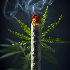 Cannabis Joint with red flamed tip and a cannabis leaf flower sprouting out on black with smoke