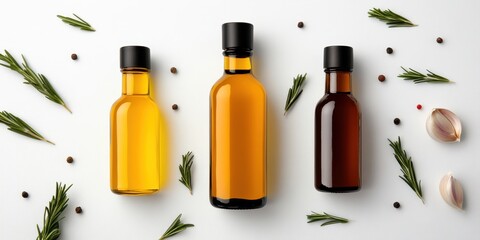 Olive oil bottle surrounded by garlic, rosemary, and fresh thyme, arranged on a white background.