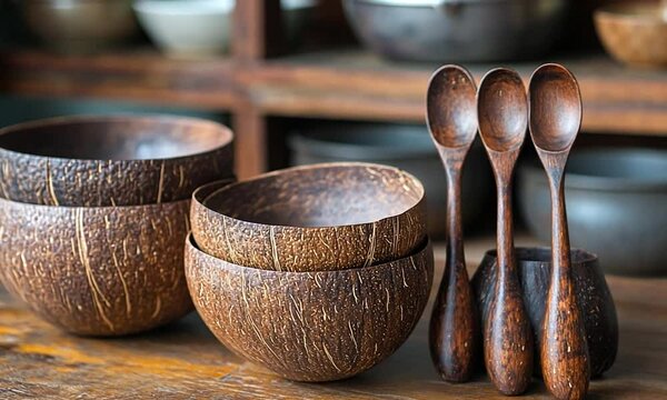 Rustic wooden bowls and spoons arranged on a wooden table in a cozy kitchen setting