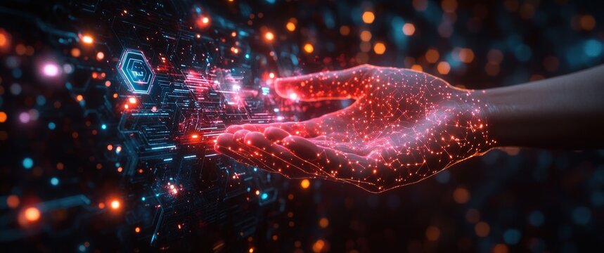 Futuristic Cyberpunk Hand Holding Ethernet Cables with Holographic Technology Icons in Neon Lighting