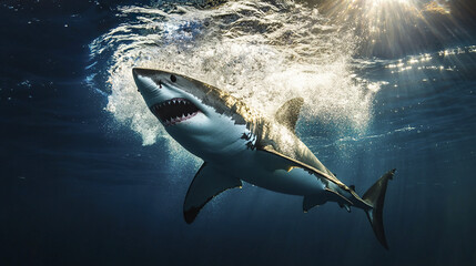great white shark bursts from deep with jaws wide open