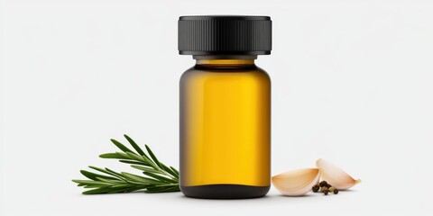 Olive oil bottle with aromatic thyme, crushed garlic, and a variety of whole spices, isolated on white.