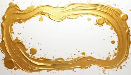 Creative background with brushstrokes of gold paint isolated on white. Gold paint texture, round frame for text with splatters, smudge. Luster metal stroke, liquid shimmering splash, luxury frame for