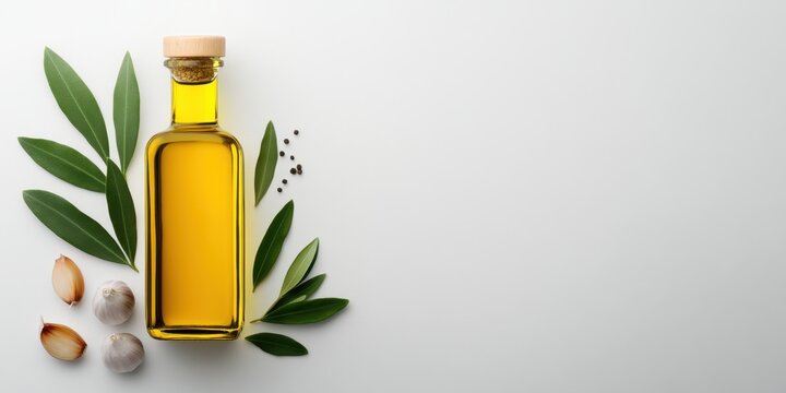 Elegant olive oil bottle placed with fresh oregano, garlic cloves, and a sprinkle of cumin seeds on white.