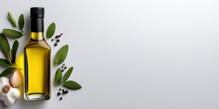 Elegant olive oil bottle placed with fresh oregano, garlic cloves, and a sprinkle of cumin seeds on white.