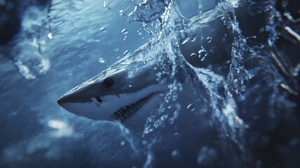 Fototapeta premium great white shark lunges from ocean depths, water splashing intensely