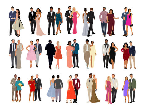 Diverse of multiracial and multinational couples wearing evening formal or black tie outfits for celebration, wedding, Christmas Eve or New Year party. Happy men and women in gorgeous luxury clothes.