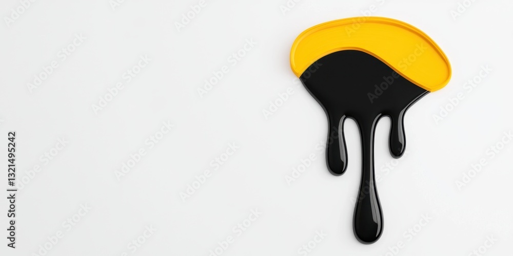 Poster a black and yellow blob with a yellow line on it is dripping. the blob is in the shape of a curve an