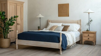 A beautifully crafted country bed with a whitewashed wooden frame, perfect for rustic interiors.