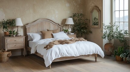 A beautifully crafted country bed with a whitewashed wooden frame, perfect for rustic interiors.