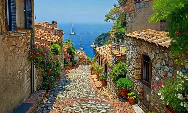 Scenic coastal village street with vibrant flowers and sailboats in the background