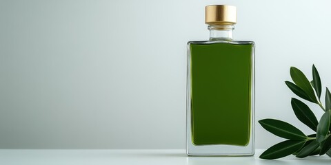 Chic olive oil container bottle with a transparent body and golden cap on a white background.