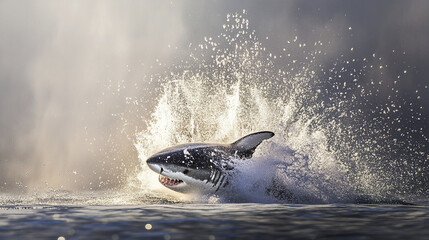 Fototapeta premium great white shark leaps from ocean with dramatic splash