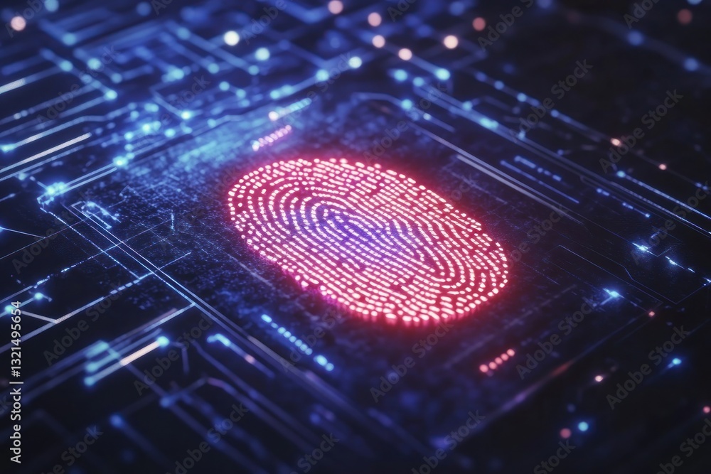 Poster abstract digital fingerprint glowing in a high-tech circuit background, symbolizing security and ide