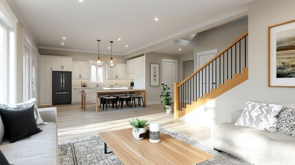 A beautifully designed country home with an open-concept living area and wooden stair railings.