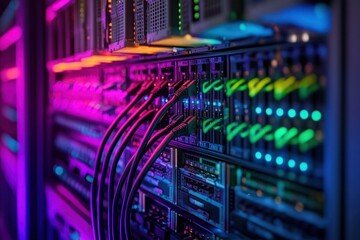 Naklejka premium Colorful server room with illuminated cables and racks