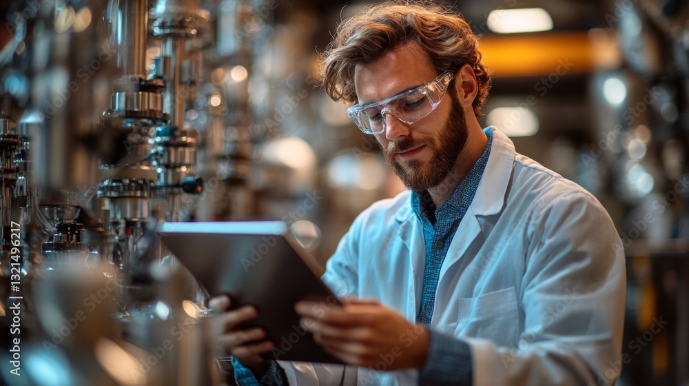 Aufkleber in a modern laboratory, a researcher in a lab coat and safety goggles examines data on a tablet, con
