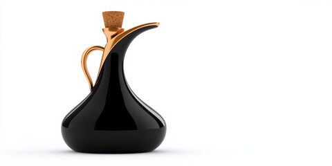 Elegant dark glass olive oil bottle with a cork stopper, resting on a white background.