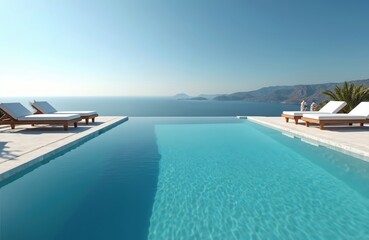 Obraz premium Infinity pool with sea view. Luxury hotel resort at poolside with beach chairs for relaxation. Tropical summer holiday vacation. Modern architecture, coastline, coastal villa, blue ocean. Island