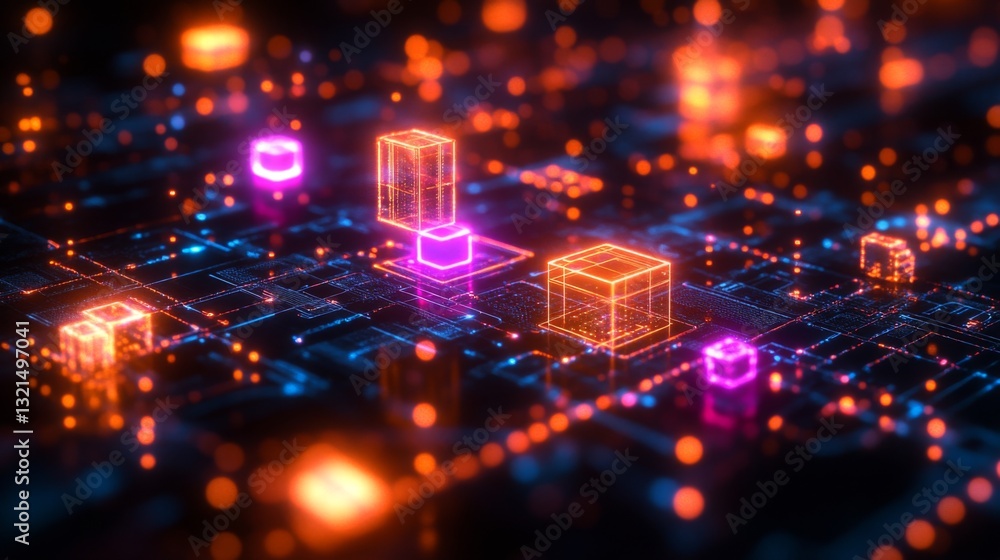 Poster Vivid visualization of quantum computing concepts showcasing qubits, gates, and circuits. Bright colors illustrate superposition and entanglement in a digital environment, enhancing understanding.