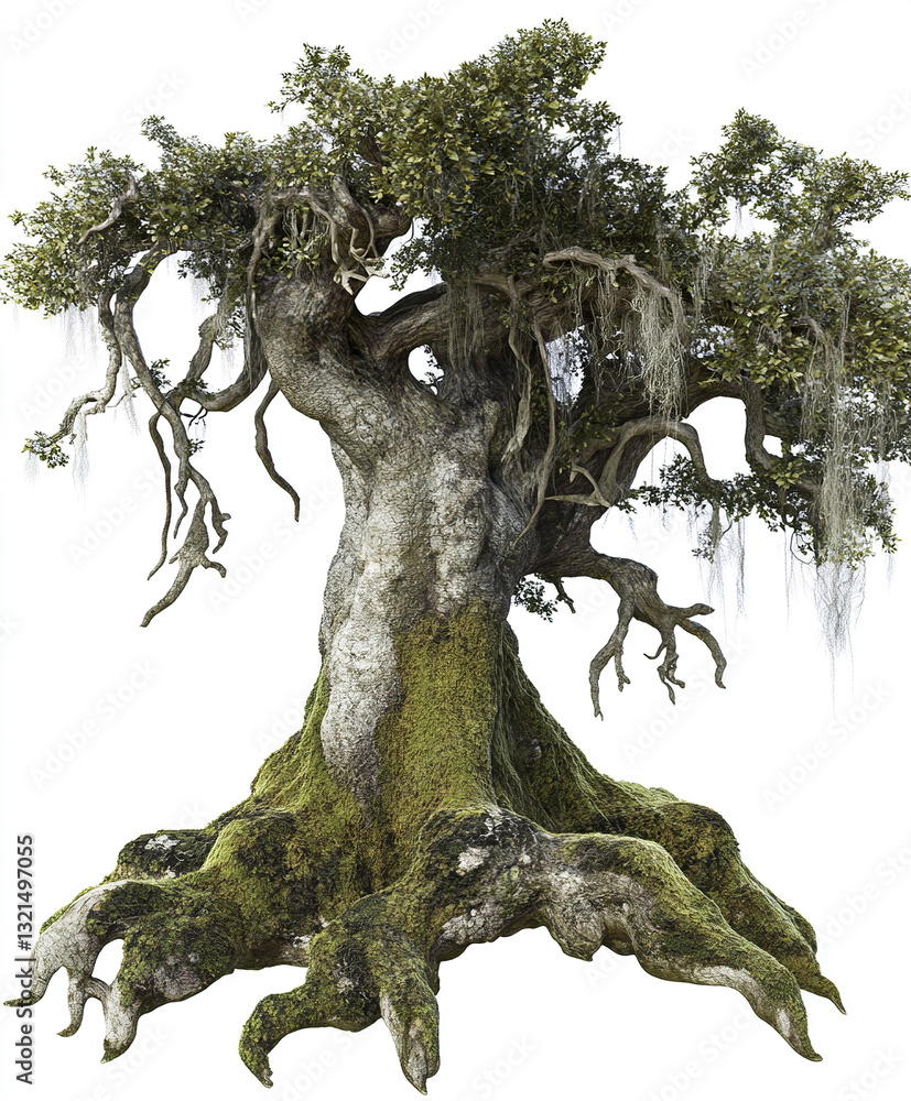 Poster ancient tree with twisted roots and moss covered trunk