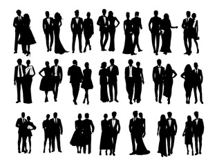 Silhouettes of different couples wearing evening formal or black tie outfits for celebration, wedding, Christmas Eve or New Year party. Happy men and women in gorgeous luxury clothes.