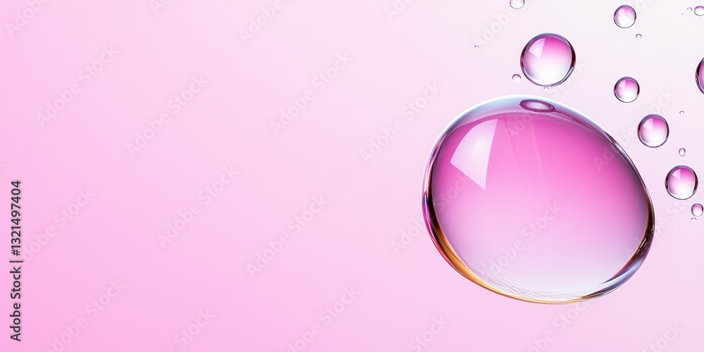 Poster a pink background with a large drop of water in the center. the drop is surrounded by smaller drops 