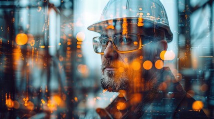Construction worker in safety gear reflects on project challenges during twilight hours at an urban site