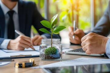 Climate change mitigation carbon emissions policy. Business meeting focused on sustainability with a plant in a jar.