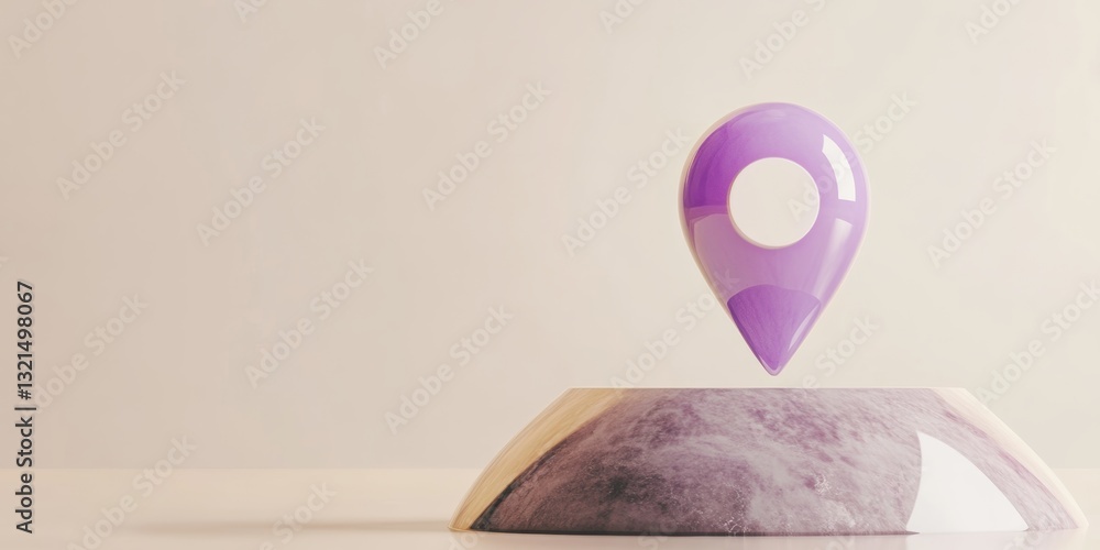 Poster purple 3d location marker above smooth surface in minimalist setting