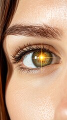 Obraz premium Close up of a woman's eye with a radiant light source reflecting in the iris. Neutral beige tones of skin, brown eyebrows, and green iris with golden highlights. Soft focus and lighting.