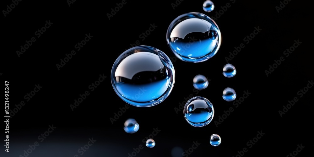 Poster a series of blue bubbles floating in the air. the bubbles are all different sizes and are scattered 