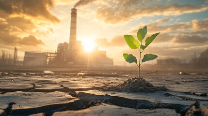 World Pollution Prevention Day-Solemn Scene of Chernobyl Reactor Ruins in Misty Barren Landscape with Green Sapling in Cracked Ground