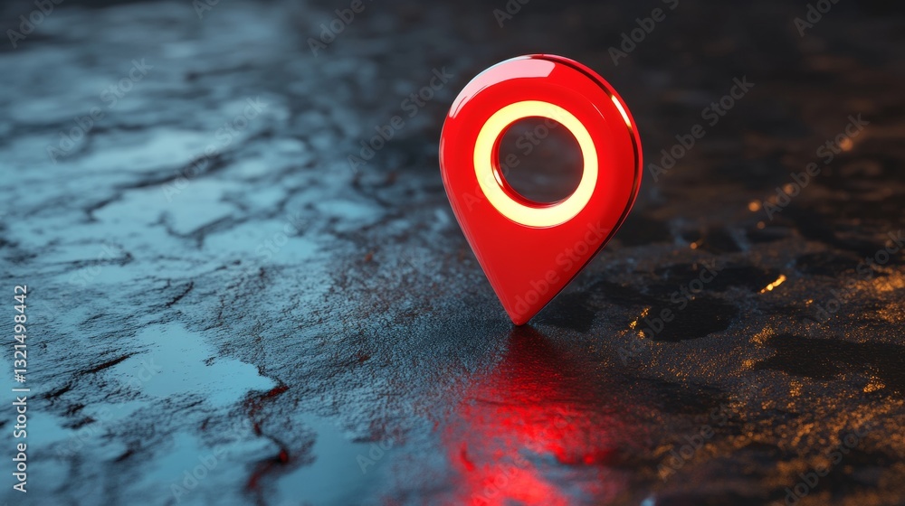 Poster bright red 3d location marker with glowing effect on dark surface
