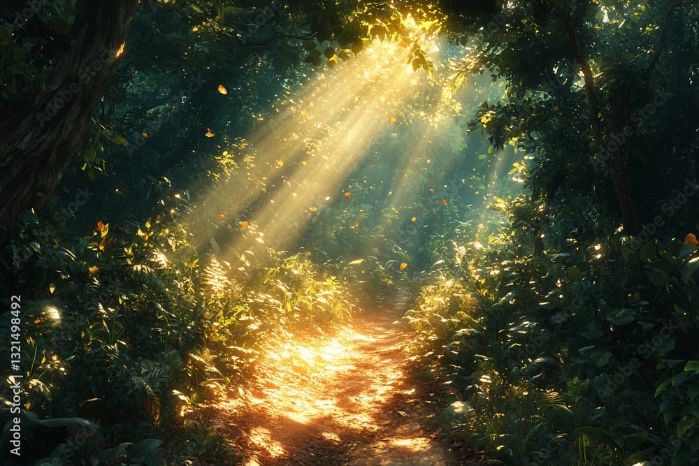 Poster enchanting sunlit forest path with golden light filtering through trees