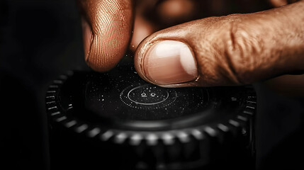 A persons finger presses a button on a dark appliance