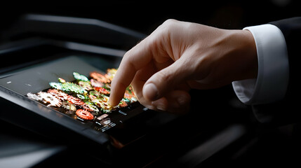 A human hand interacting with digital gears on a screen