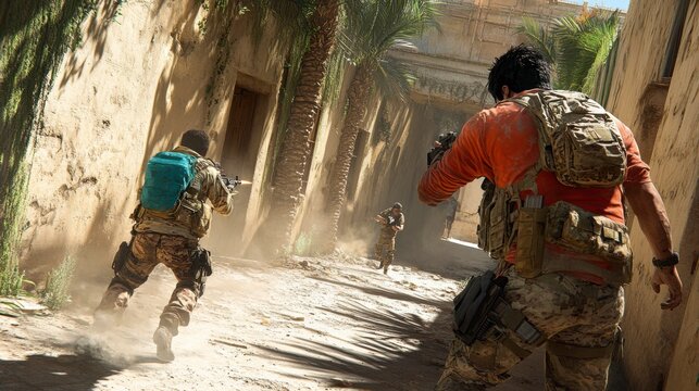 Soldiers in desert camouflage navigate a dusty, ruined alleyway under bright sunlight, engaging in intense combat. Dust clouds rise as they exchange fire.