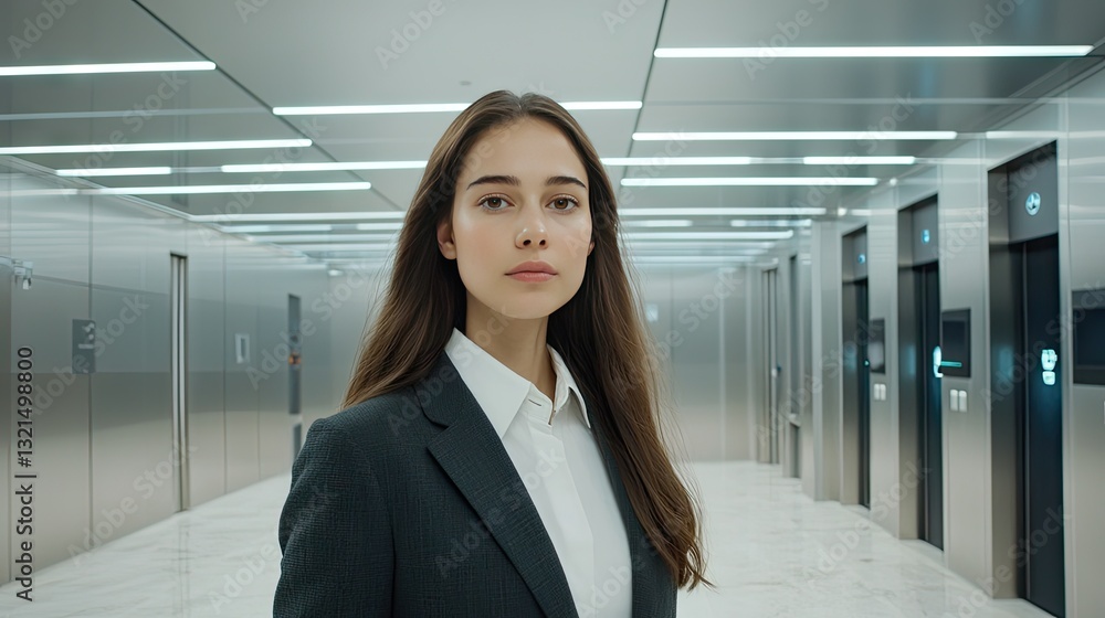 Poster a businesswoman using a smart interface with advanced security and data encryption.