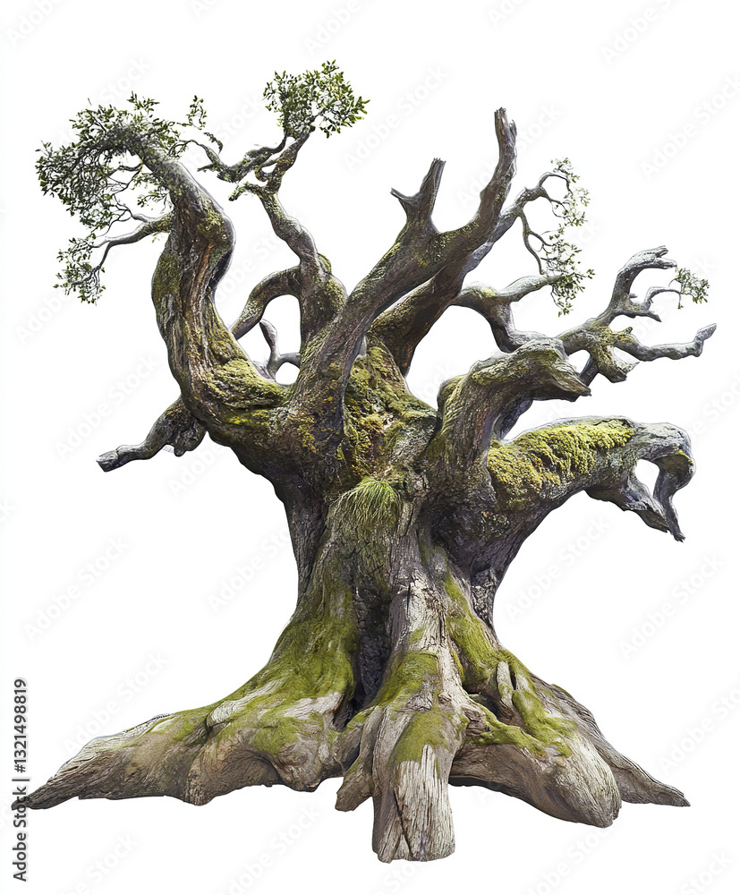 Poster ancient tree with twisted branches and mossy bark on white background